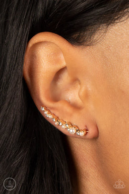 Couture Crawl Gold Pearl Rhinestone Ear Crawler Post Earrings Paparazzi Accessories