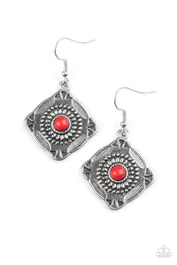 crackle stone,fishhook,red,Fiercely Four Corners Red Stone Earrings