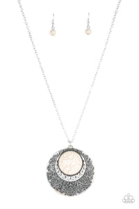 crackle stone,floral,long necklace,white,Medallion Meadow White Stone Necklace