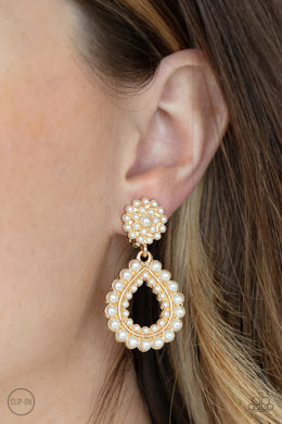 Discerning Droplets Gold Pearl Clip-On Earring Paparazzi Accessories