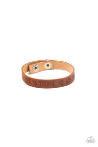 brown,inspirational,leather,snap,snaps,wrap,Life Is Tough Brown Leather Urban Bracelet