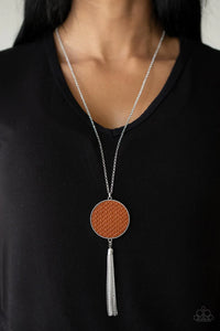 brown,leather,long necklace,Wondrously Woven Brown Necklace
