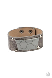 crackle stone,leather,silver,snaps,urban,Geo Glamper Silver Leather Urban Bracelet