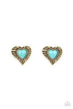 Load image into Gallery viewer, Rustic Romance Brass Turquoise Stone Heart Earrings Paparazzi Accessories