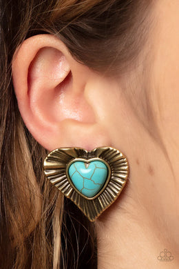 Rustic Romance Brass Turquoise Stone Heart Earrings Paparazzi Accessories
