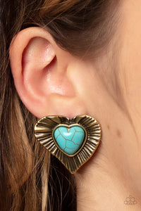 brass,crackle stone,Hearts,post,turquoise,Rustic Romance Brass Turquoise Stone Heart Earrings