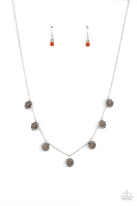 floral,orange,rhinestones,short necklace,Prairie Perennial Orange Rhinestone Floral Necklace