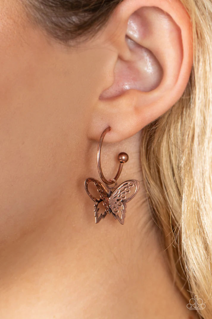Butterfly Freestyle Copper Hoop Earrings Vivacious Bombshell Bling, LLC, Jenny and James Davison