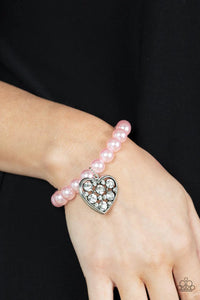 hearts,pearls,pink,rhinestones,stretchy,Cutely Crushing Pink Pearl Heart Stretchy Bracelet