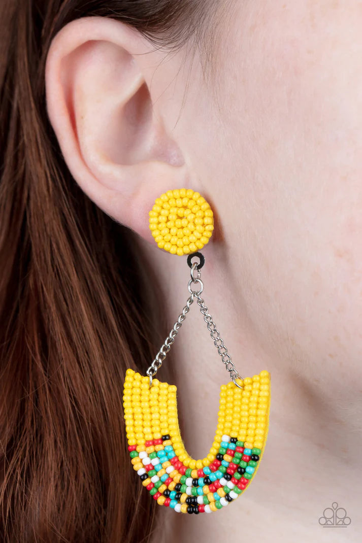Make It RAINBOW Yellow Seed Bead Post Earring Paparazzi Accessories