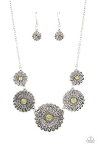 floral,rhinestones,short necklace,yellow,Marigold Meadows Yellow Rhinestone Floral Necklace