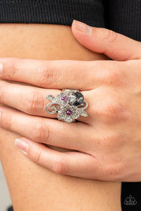 pearls,purple,rhinestones,wide back,Bucketful of Bouquets Purple Floral Ring