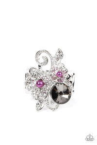 pearls,purple,rhinestones,wide back,Bucketful of Bouquets Purple Floral Ring
