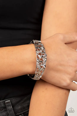 Ripe For The Picking White Rhinestone Floral Hinge Bracelet Paparazzi Accessories
