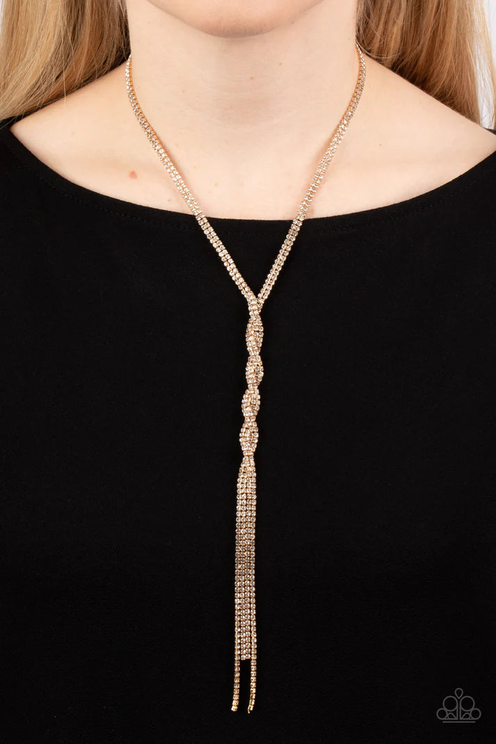 Impressively Icy Gold Rhinestone Necklace Paparazzi Accessories