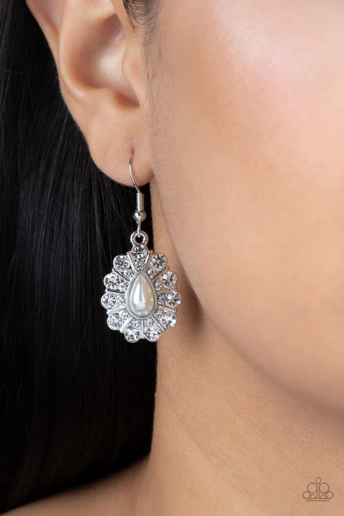 Extroverted Elegance White Pearl Rhinestone Earrings Paparazzi Accessories