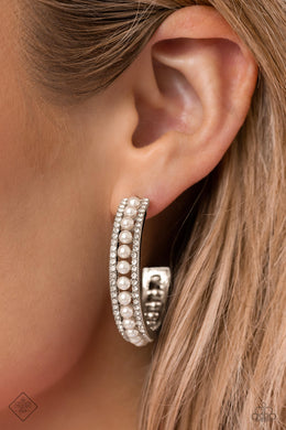 Pearl Happy White Pearl Rhinestone Hoop Earrings Paparazzi Accessories