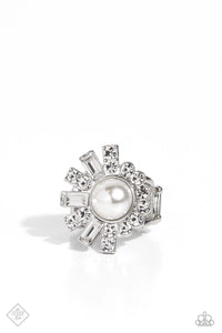 fashion fix,pearls,rhinestones,white,wide back,Gatsby Getaway White Rhinestone Pearl Ring