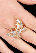 Load image into Gallery viewer, Fearless Flutter Gold Rhinestone Butterfly Ring Paparazzi Accessories