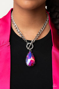 hematite,oil spill,pink,rhinestones,short necklace,toggle,Edgy Exaggeration Pink Oil Spill Rhinestone Toggle Necklace
