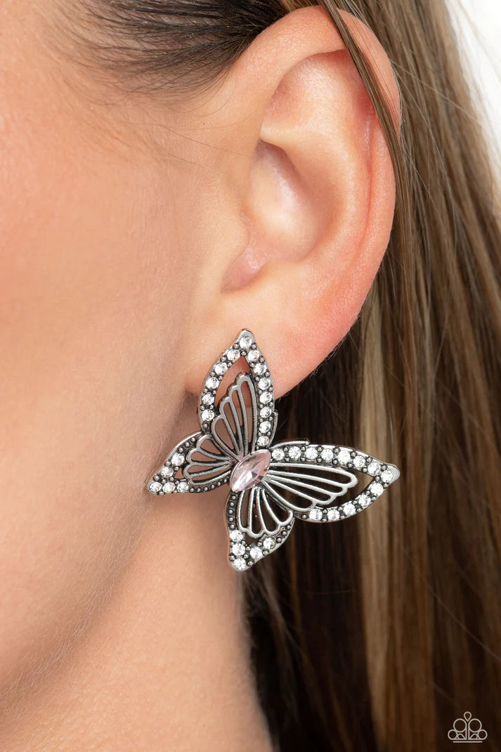 Wispy Wings Pink Rhinestone Butterfly Post Earrings Paparazzi Accessories