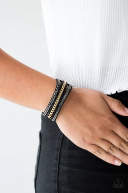 Rollin In Rhinestones Black Leather Wrap Bracelet Paparazzi Accessories