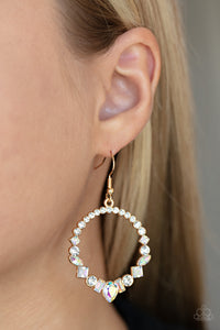 fishhook,gold,iridescent,rhinestones,Revolutionary Refinement - Gold Iridescent Rhinestone Earrings