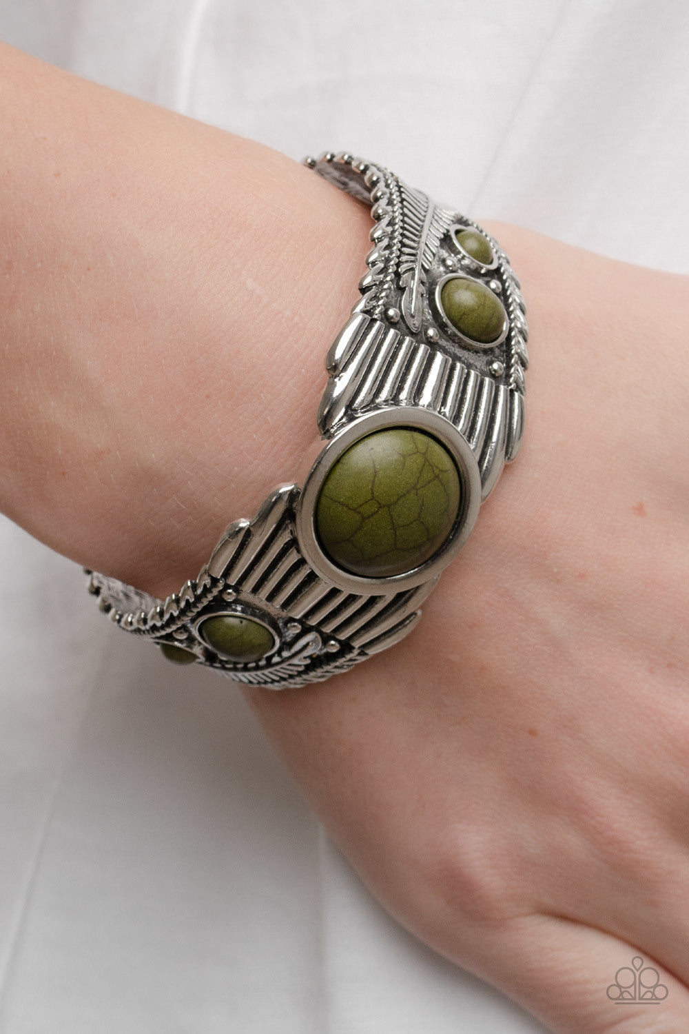 Mesquite Mesa Green Stone Feather Cuff Bracelet Paparazzi Accessories