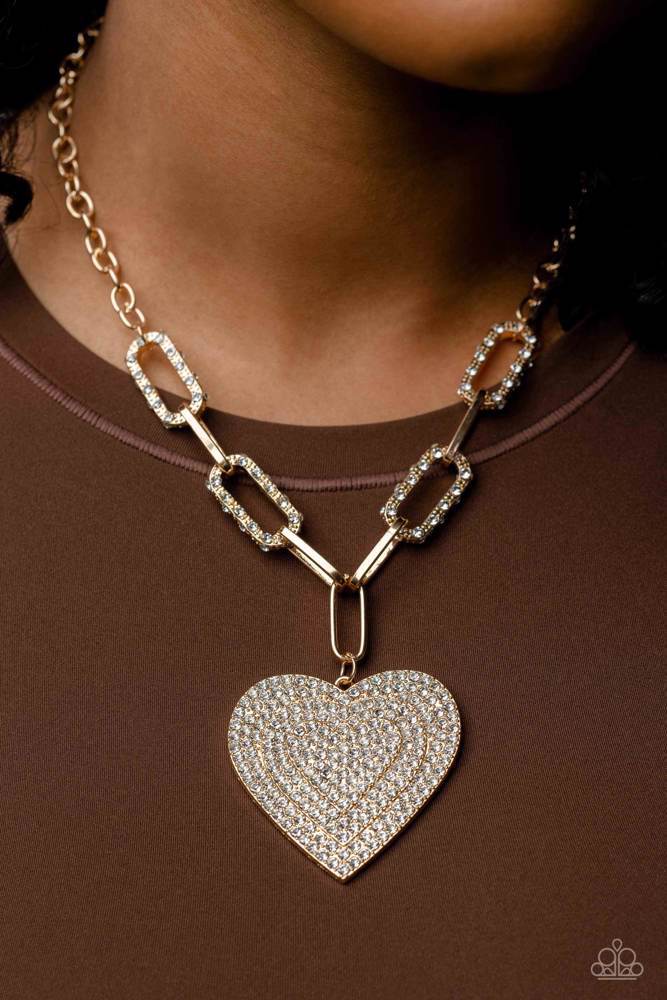 Roadside Romance Gold Heart Rhinestone Necklace Paparazzi Accessories