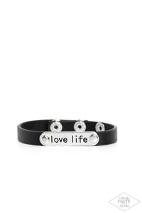 black,inspirational,leather,snap,Love Life - Black Leather Snap Bracelet