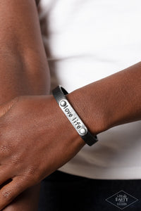 black,inspirational,leather,snap,Love Life - Black Leather Snap Bracelet