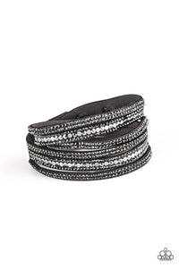 gunmetal,hematite,leather,silver,snap,wrap,Rock Star Attitude Silver Rhinestone Leather Wrap Bracelet