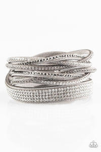 leather,rhinestones,silver,snap,triple wrap,wrap,Taking Care Of Business - Silver Leather Wrap Bracelet