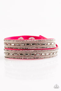 leather,pink,rhinestones,silver,snap,wrap,Shimmer and Sass Pink Leather Wrap Bracelet