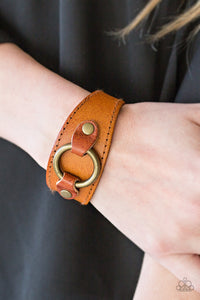 brass,brown,leather,snap,Western Wrangler Brown Leather Urban Bracelet