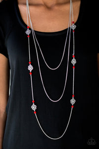 floral,long necklace,red,slver,Hibiscus Hideaway Red Necklace
