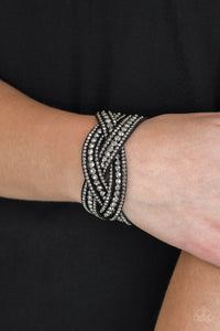 black,hematite,leather,rhinestones,snap,wrap,Bring On The Bling - Black Hematite Rhinestone Wrap Bracelet