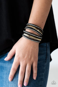 black,gold,leather,rhinestones,snap,wrap,Rock Star Attitude Black Leather Wrap Bracelet