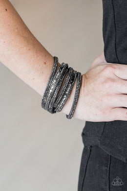Rock Star Attitude Silver Rhinestone Leather Wrap Bracelet Paparazzi Accessories