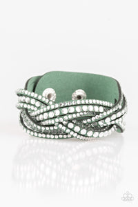 green,leather,rhinestones,snap,wrap,Bring On The Bling Green Leather Wrap Bracelet