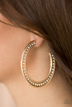 Load image into Gallery viewer, Haute Mama Gold Rhinestone Hoop Earrings Paparazzi Accessories