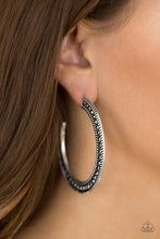 Load image into Gallery viewer, Haute Mama Silver Rhinestone Hoop Earrings Paparazzi Accessories