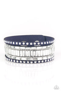 blue,leather,rhinestones,snap,wrap,Rock Star Rocker - Blue Leather Wrap Bracelet