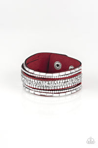 leather,red,rhinestones,silver,snap,wrap,Rebel In Rhinestones Red Bracelet
