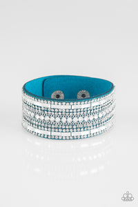 blue,leather,rhinestones,silver,snap,wrap,Rebel Radiance Blue Leather Wrap Bracelet