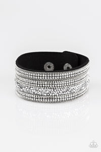 black,leather,rhinestones,silver,snap,wrap,Really Rock Band Black Wrap Bracelet