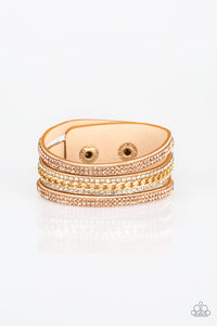gold,leather,snap,wrap,Rollin In Rhinestones Gold Bracelet