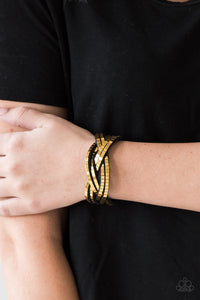 black,gold,leather,snap,wrap,Looking For Trouble Gold Leather Wrap Bracelet
