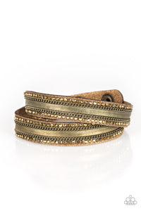 brass,double wrap,leather,rhinestones,snap,wrap,Rocker Rivalry - Brass Leather Rhinestone Wrap Bracelet