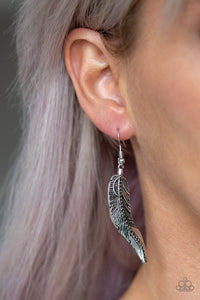 Feather,fishhook,hematite,silver,Fowl Play Silver Earring